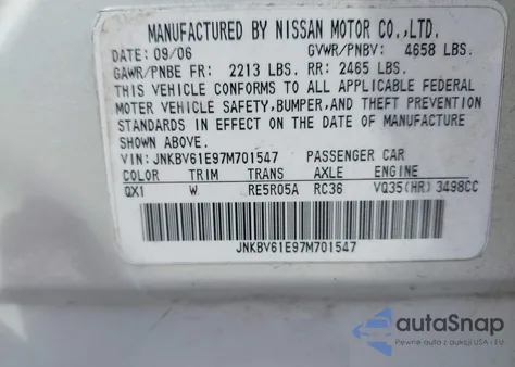 2007 Infiniti G35 Journey z USA, uszkodzony, nr VIN JNKBV61E97M701547